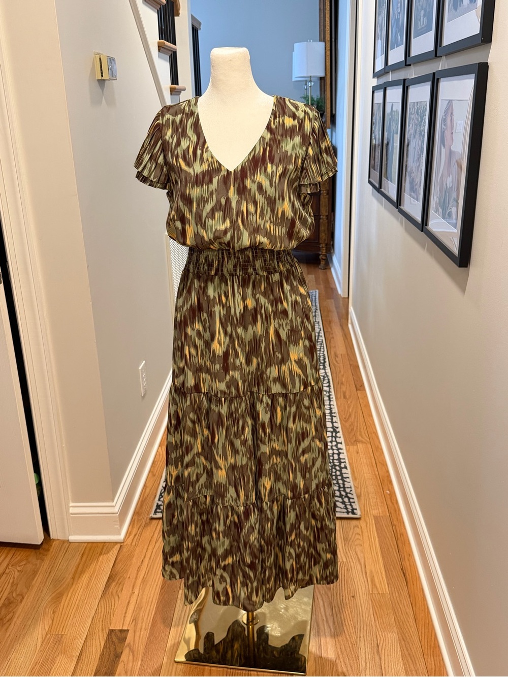 Nanette Lepore Olive, Brown & Yellow Tiered V-Neck Maxi Dress